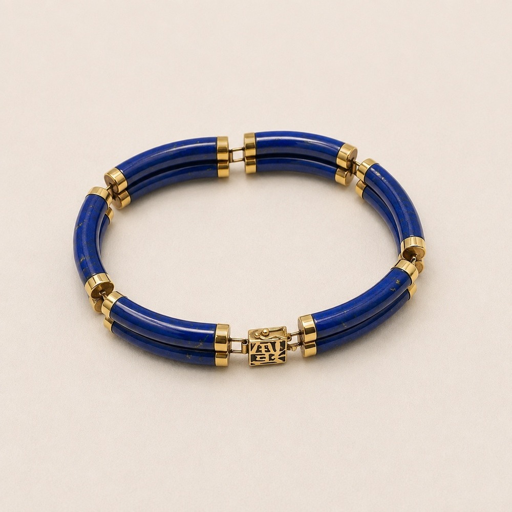 14k Gold Lapis Lazuli Segmented Bracelet Chinese Old Money Mob Wife Boho 7"